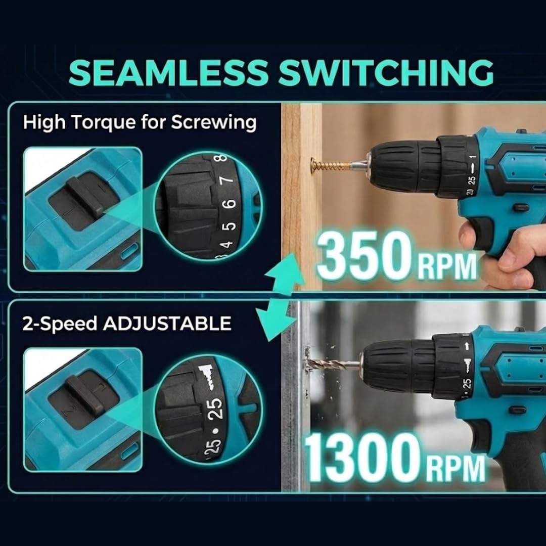 21V Cordless Drill Set with 2 Batteries and Charger O7695