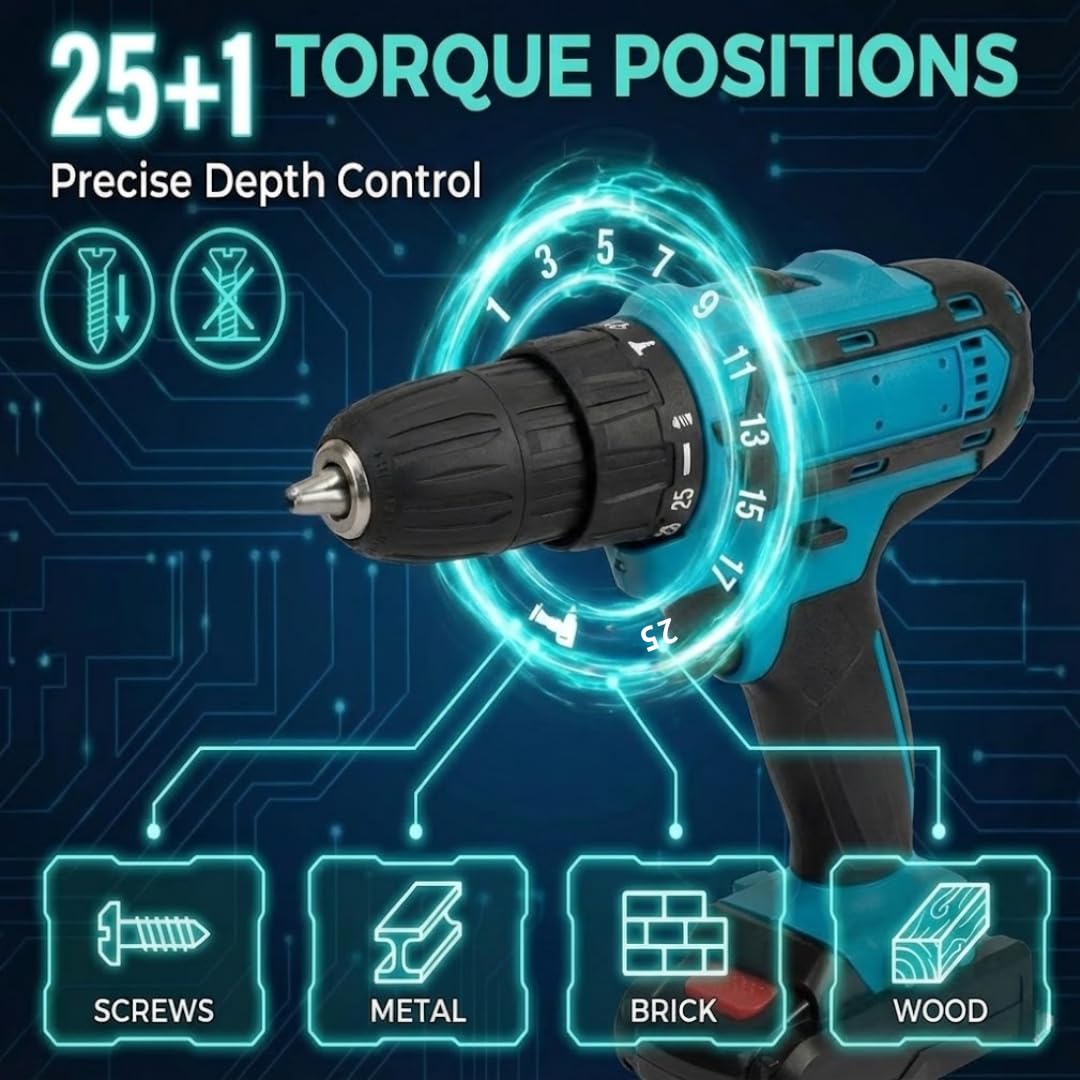 21V Cordless Drill Set with 2 Batteries and Charger O7695