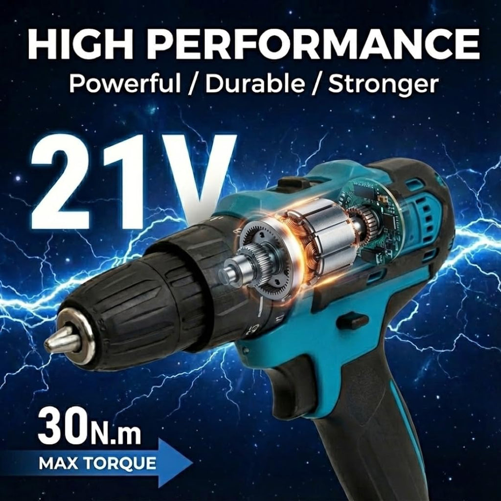 21V Cordless Drill Set with 2 Batteries and Charger O7695