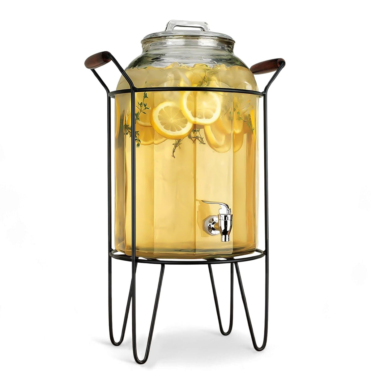 3 Gallon Glass Beverage Dispenser with Glass Lid and Metal Stand L49466