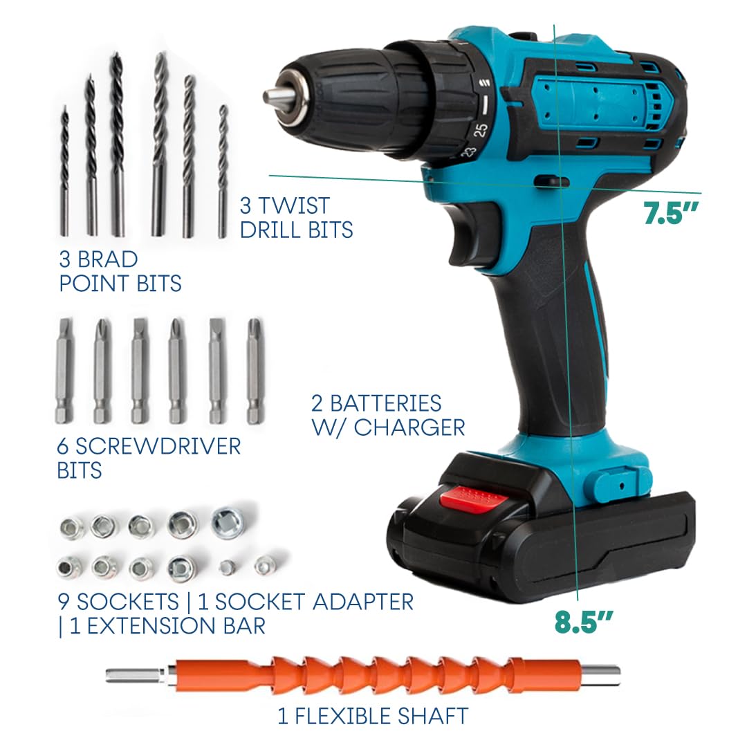 21V Cordless Drill Set with 2 Batteries and Charger O7695