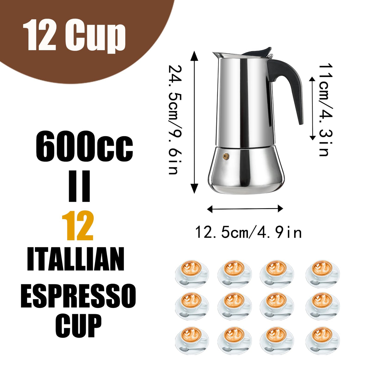 12 Cup Stainless Steel Stovetop Espresso Maker Moka Pot B2491