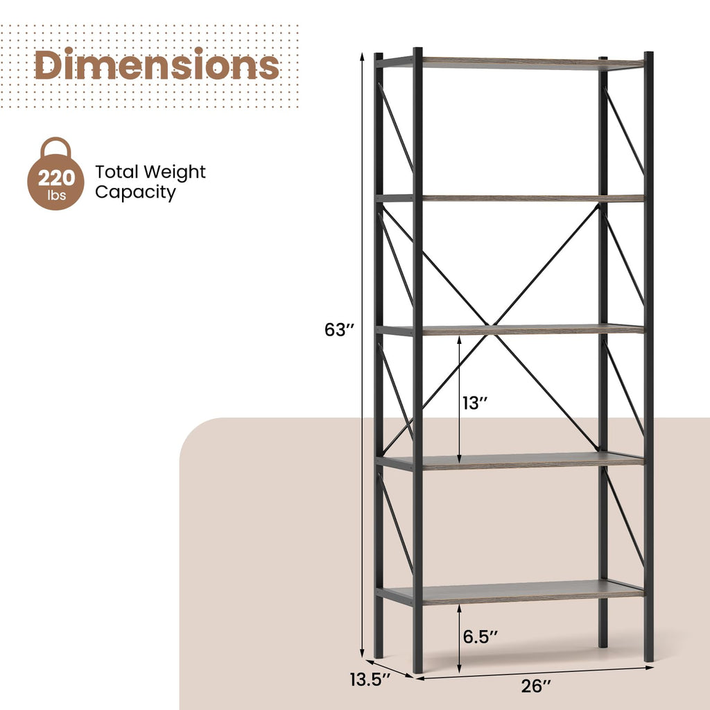 5-Tier Industrial Bookshelf with Open Storage Shelves V8387