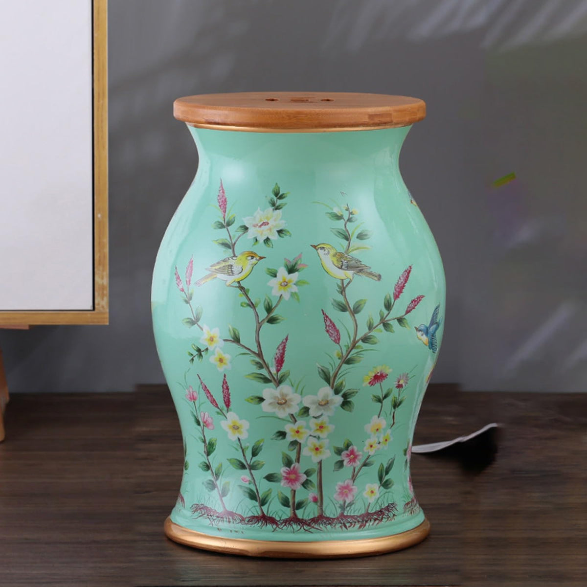Ceramic Garden Stool Floral Bird Drum Accent Table Teal T7400