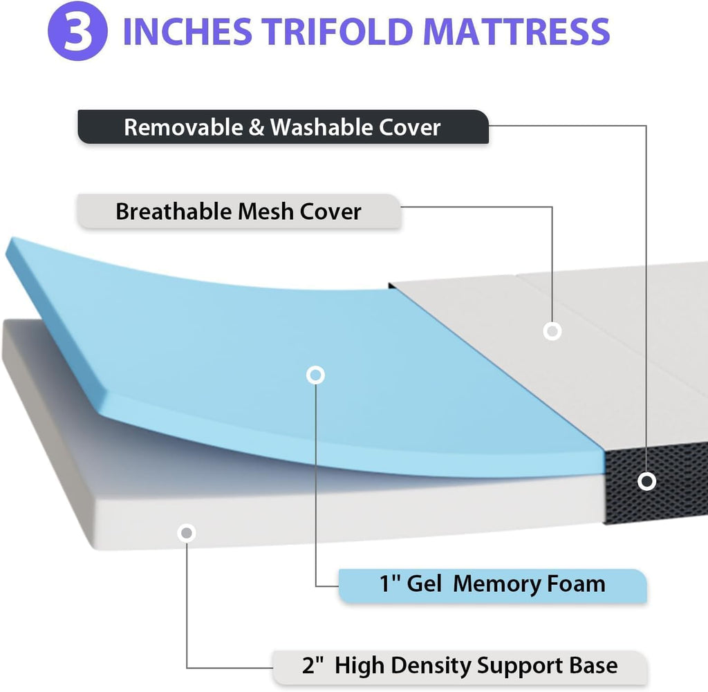 3 inch Tri Fold Memory Foam Mattress with Mesh Cover J3047