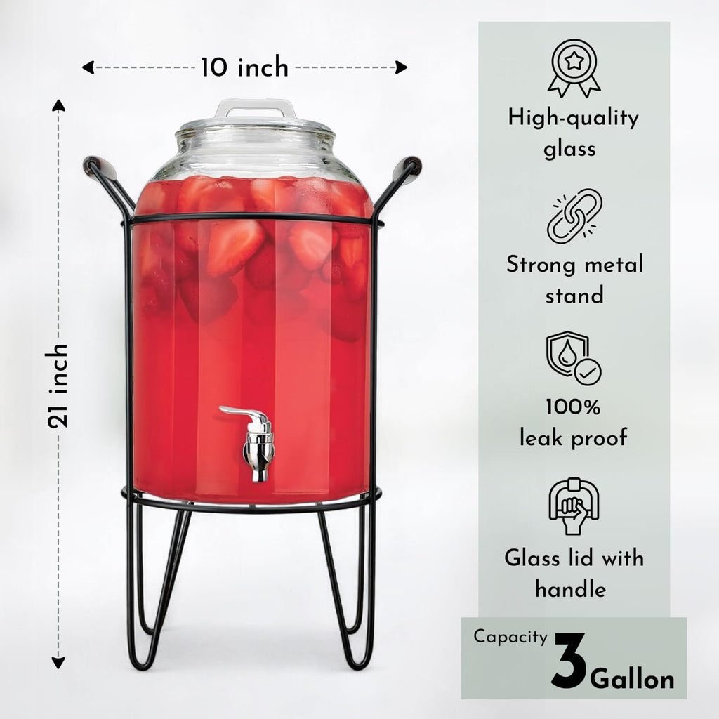 3 Gallon Glass Beverage Dispenser with Glass Lid and Metal Stand L49466