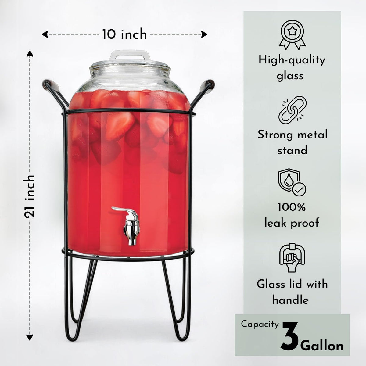 3 Gallon Glass Beverage Dispenser with Glass Lid and Metal Stand L49466
