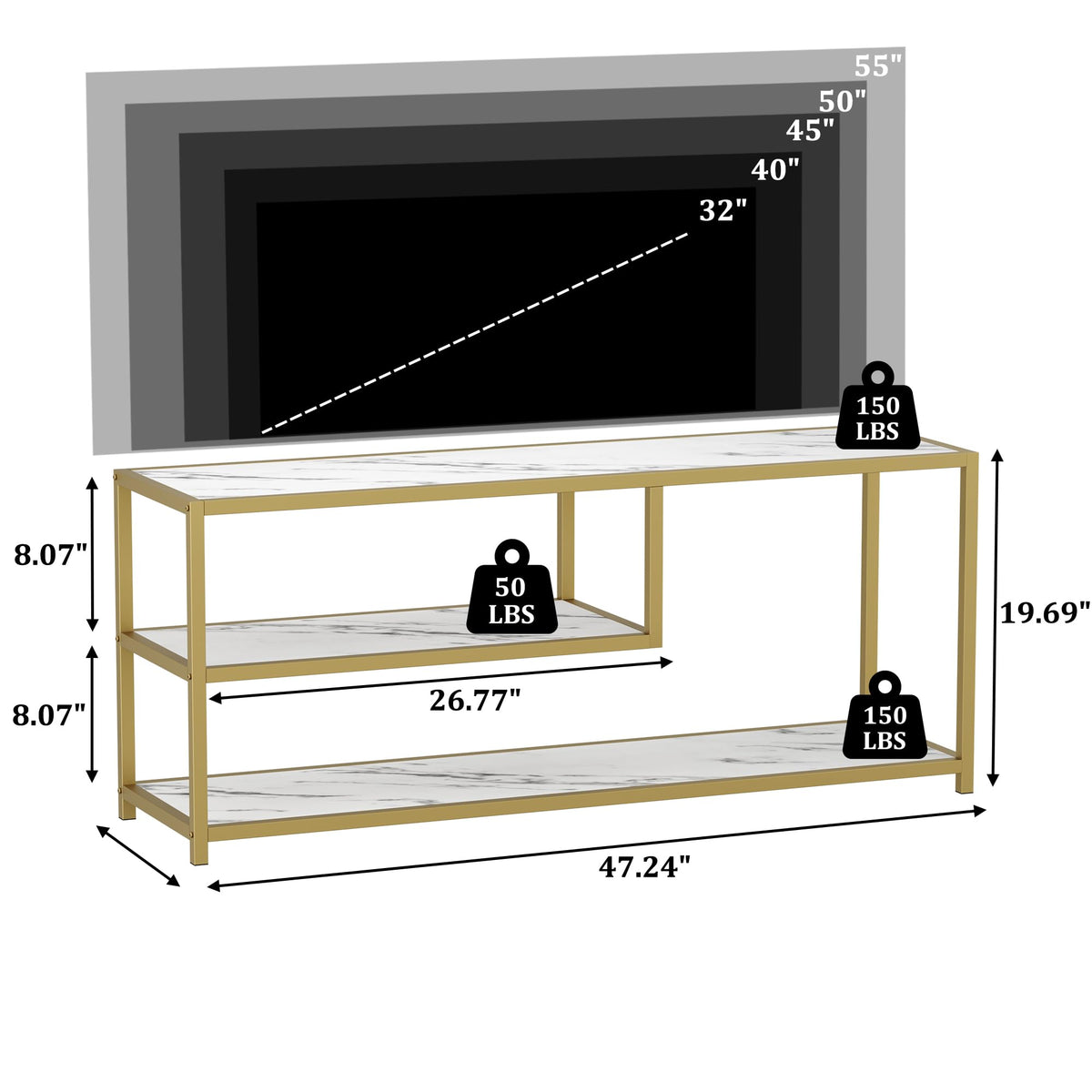 TV Stand for TVs up to 55 Inch, 3 Tier Media Console with Open Storage Shelves Y434
