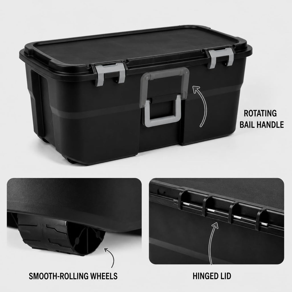Rolling Storage Trunk with Wheels and Handle, 22 Gallon Black Bin C476