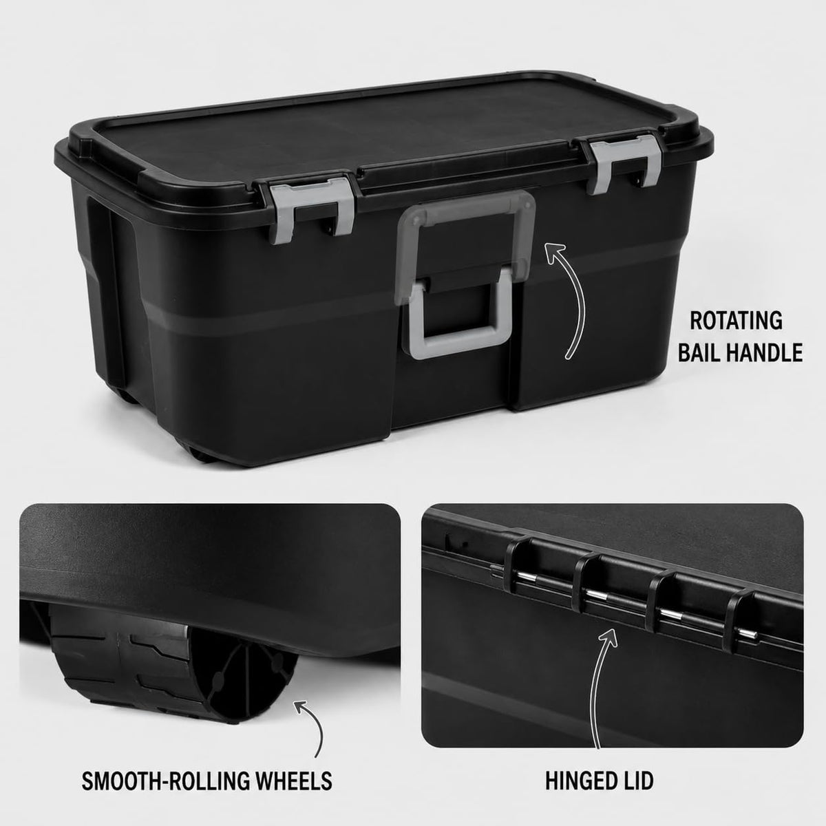 Rolling Storage Trunk with Wheels and Handle, 22 Gallon Black Bin C476