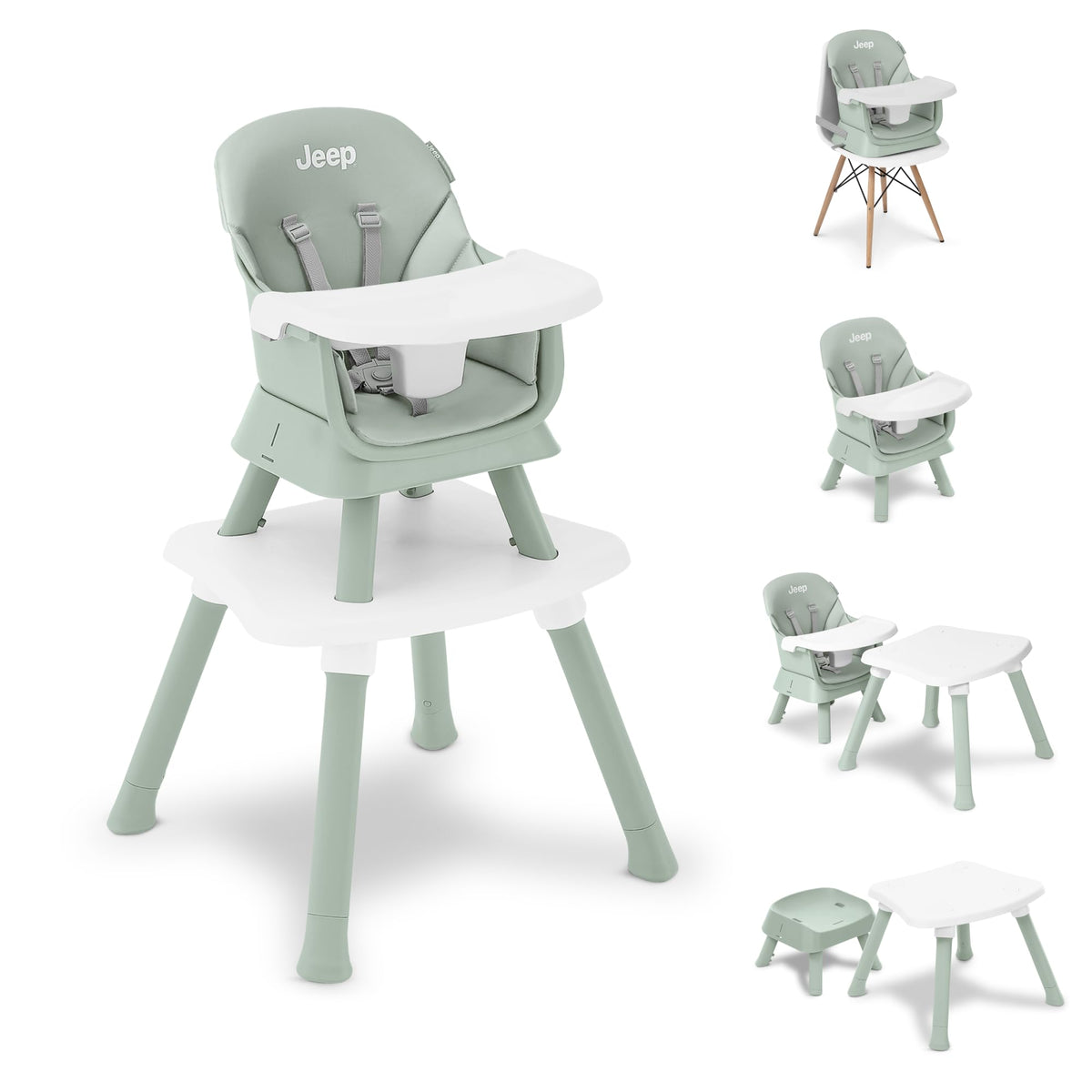 6-in-1 High Chair Converts to Stool Booster Seat Toddler Chair Activity Table and Desk and Chair Sage Green M253154