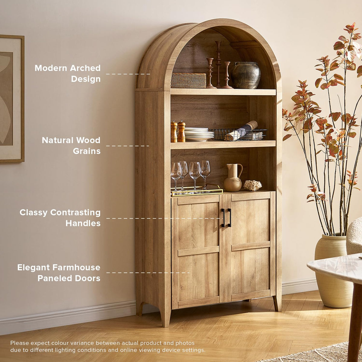 77.4" Tall Arched Wooden Storage Cabinet with Doors and Adjustable Shelves T111016