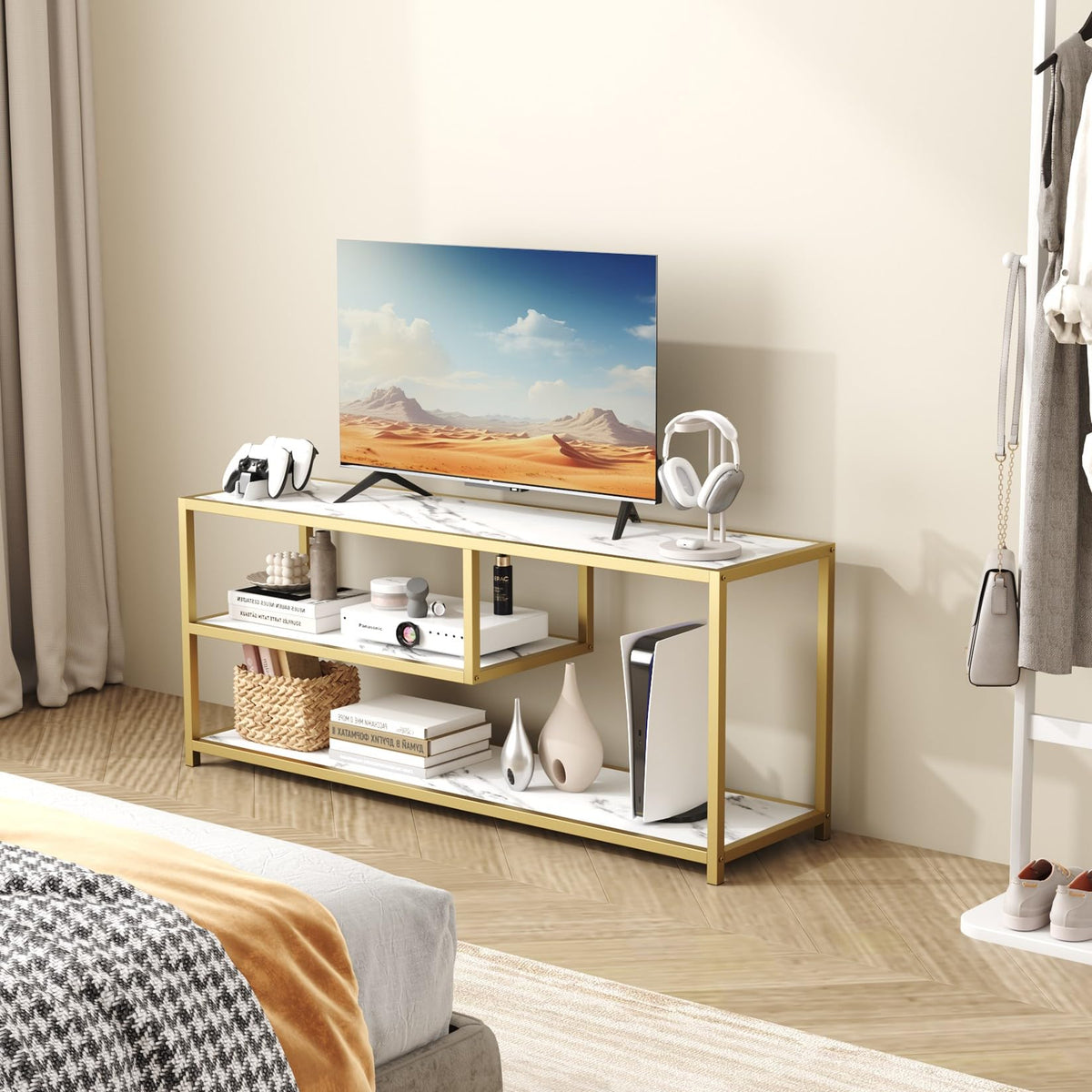 TV Stand for TVs up to 55 Inch, 3 Tier Media Console with Open Storage Shelves Y434