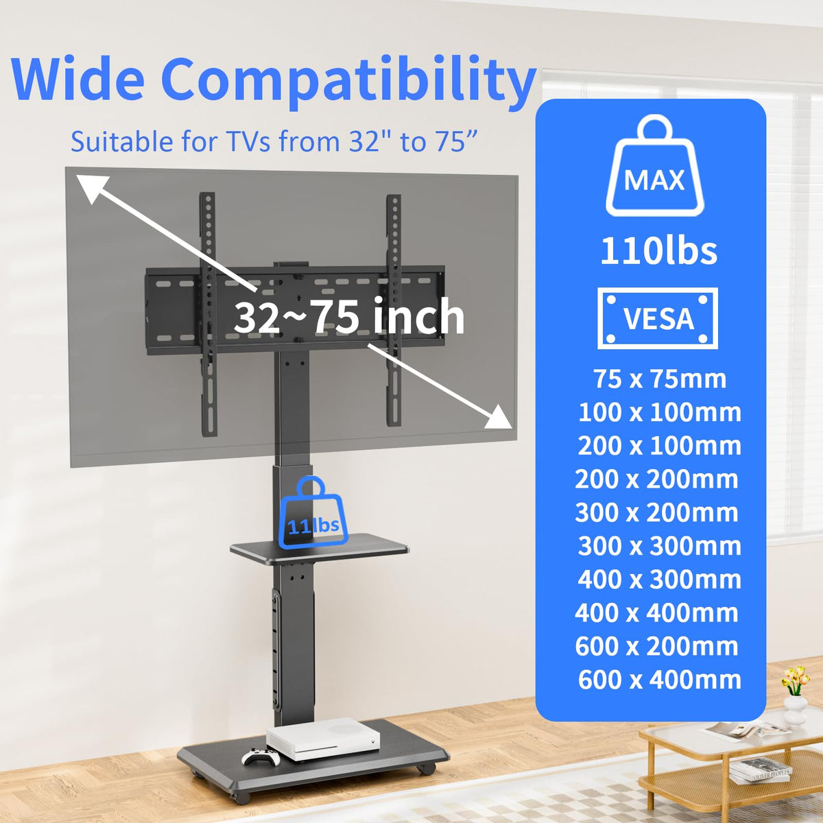 Height Adjustable Rolling TV Stand with Shelf Z88413