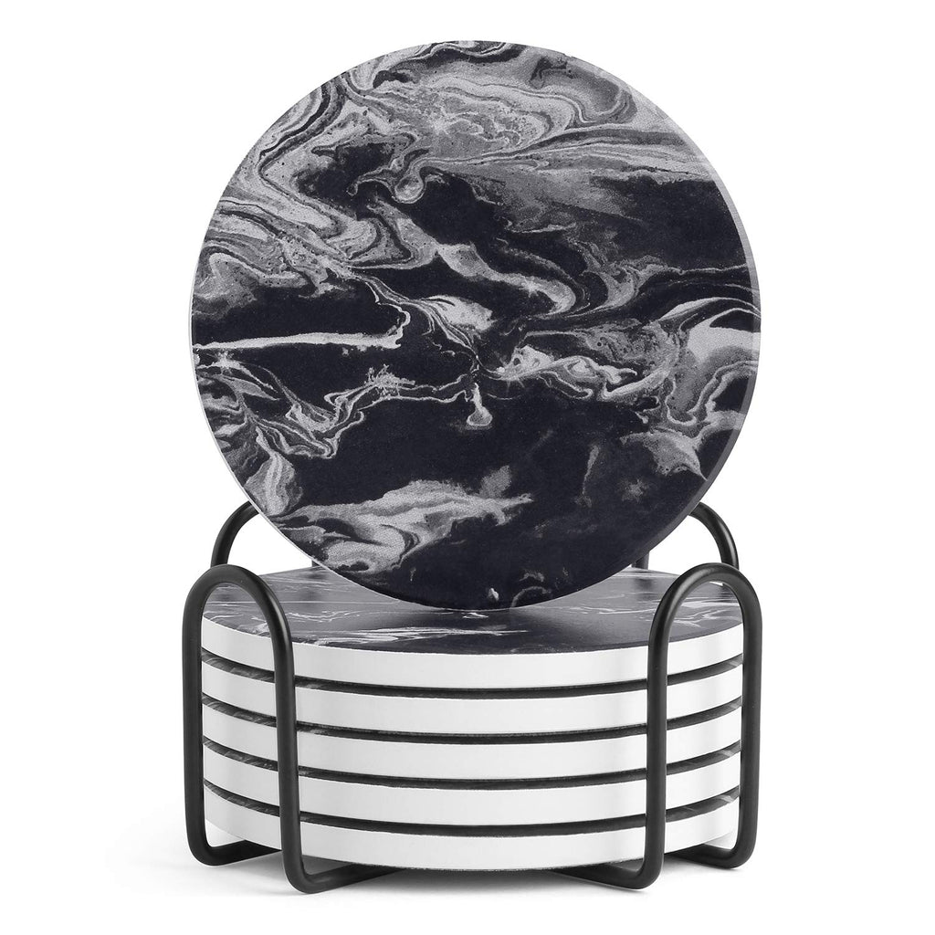 Black Marble Style Ceramic Coasters Set of 6 with Holder B46380