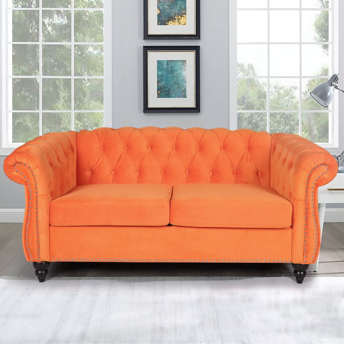 Orange Velvet Chesterfield Loveseat Sofa K3393