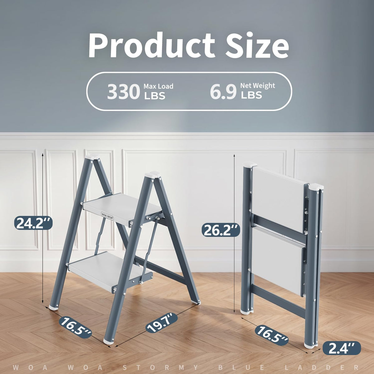 2 Step Ladder, 300lbs Load, 17'' Top Step, Stormy Blue K21689