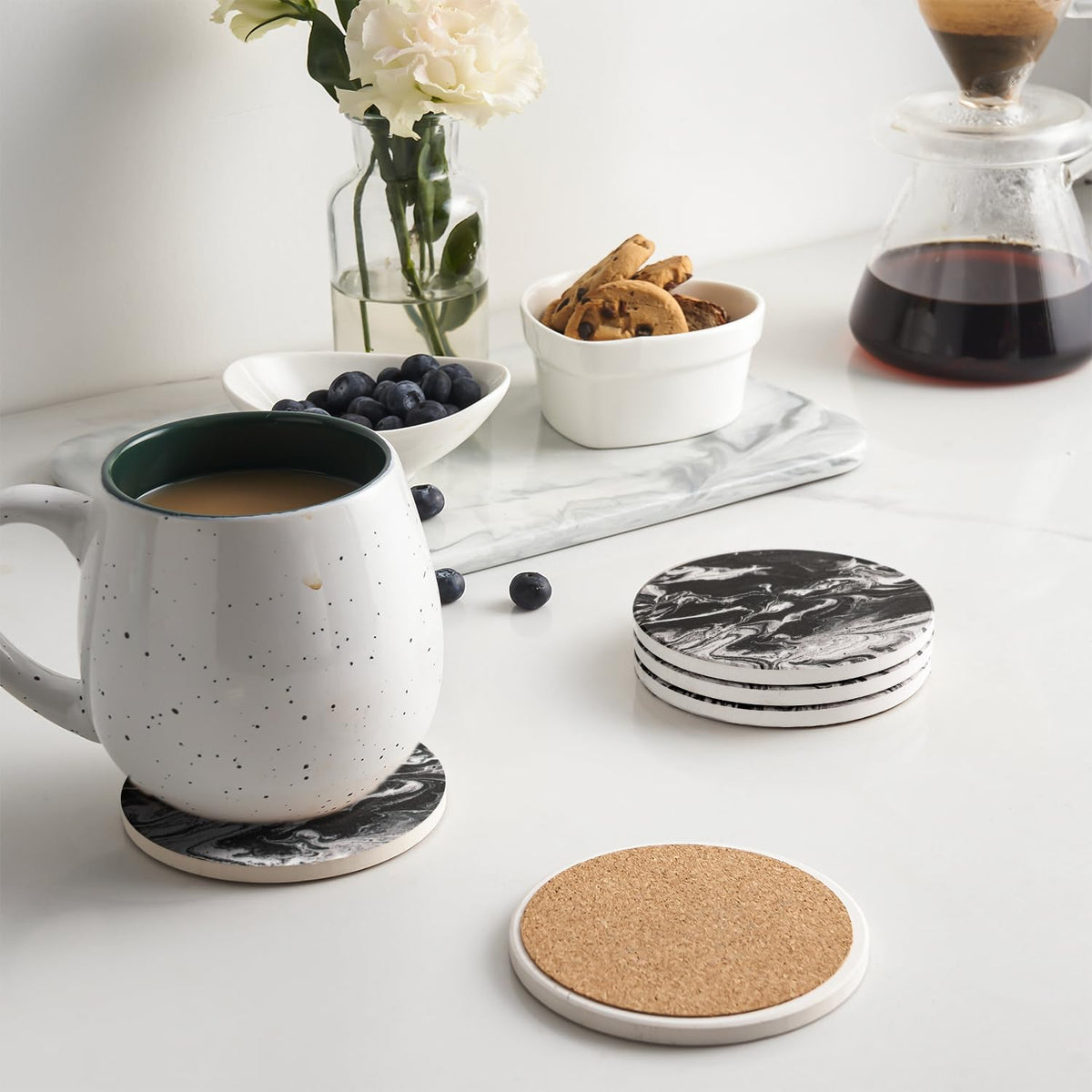 Black Marble Style Ceramic Coasters Set of 6 with Holder B46380
