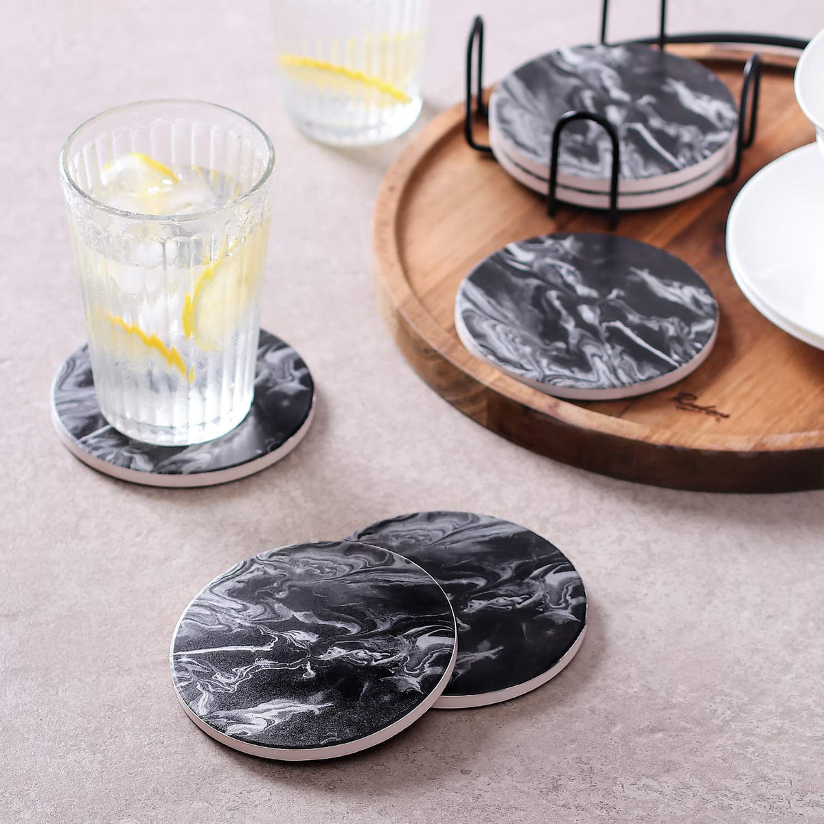 Black Marble Style Ceramic Coasters Set of 6 with Holder B46380