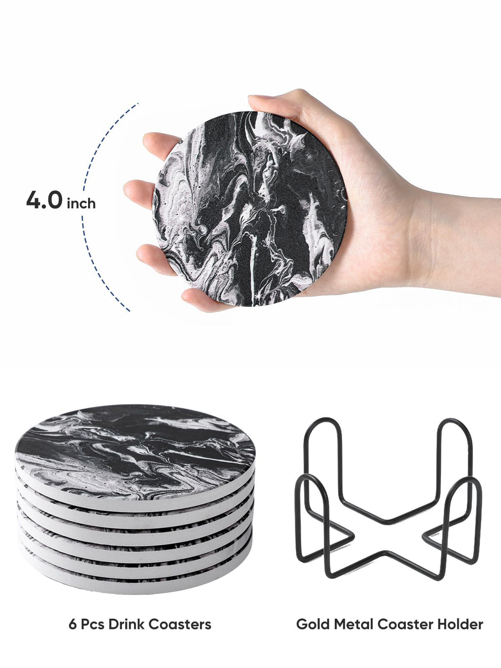 Black Marble Style Ceramic Coasters Set of 6 with Holder B46380