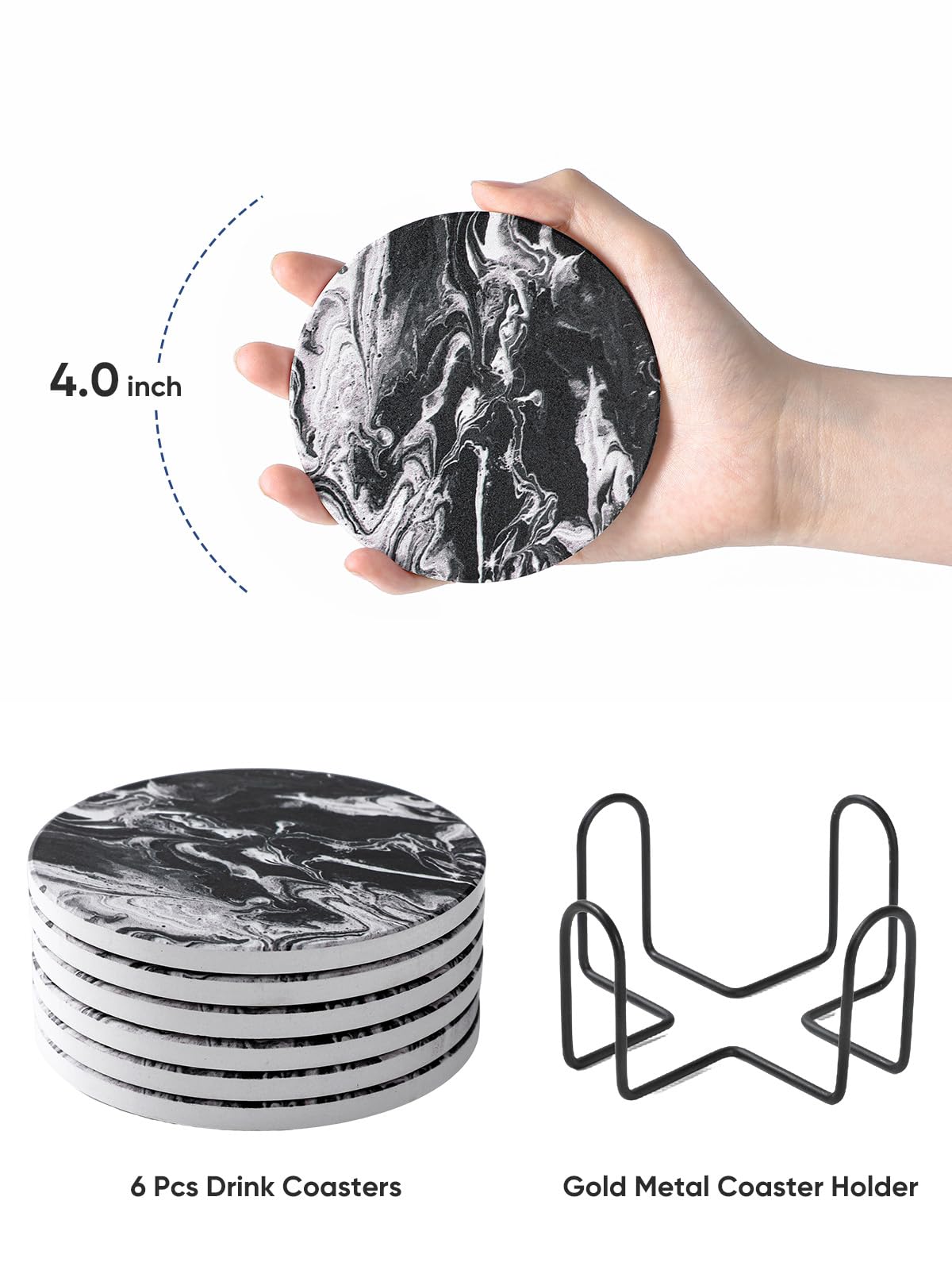 Black Marble Style Ceramic Coasters Set of 6 with Holder B46380