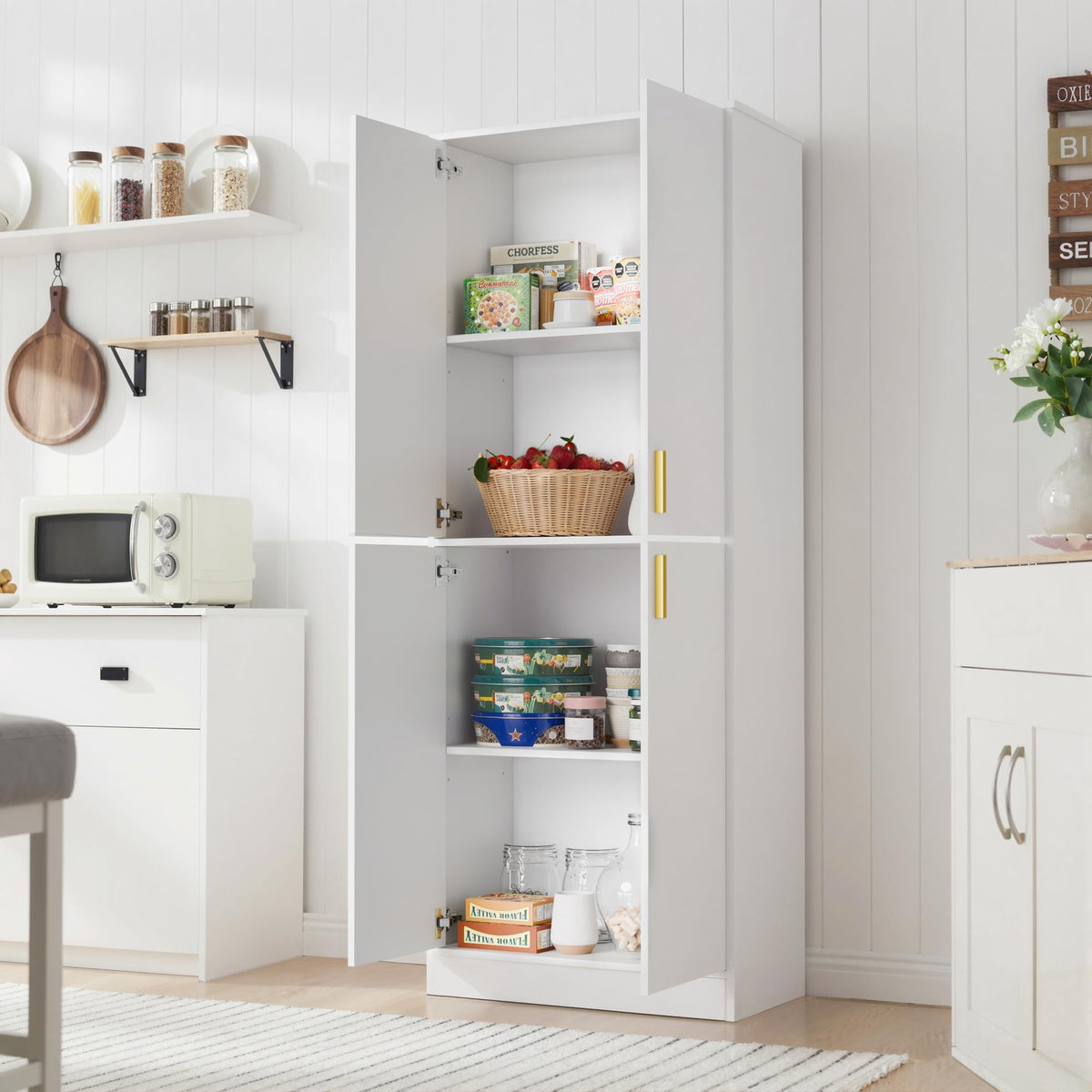 White Wood Storage Cabinet with Doors and Shelves I439