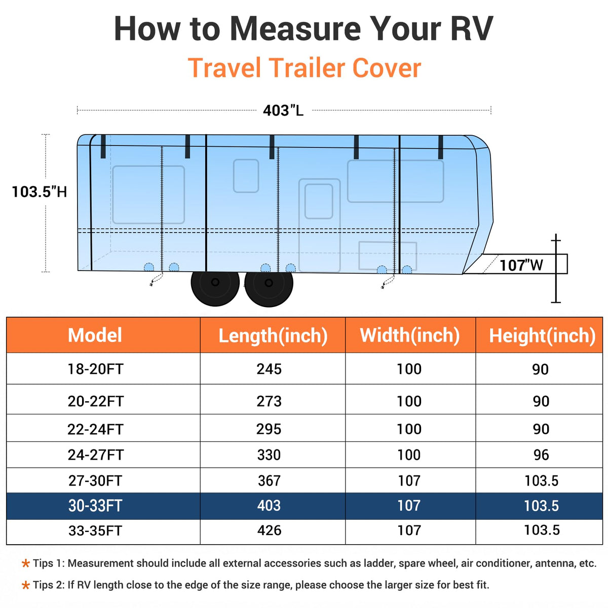 30-33FT Water-Resistant Travel Trailer RV Cover S3723