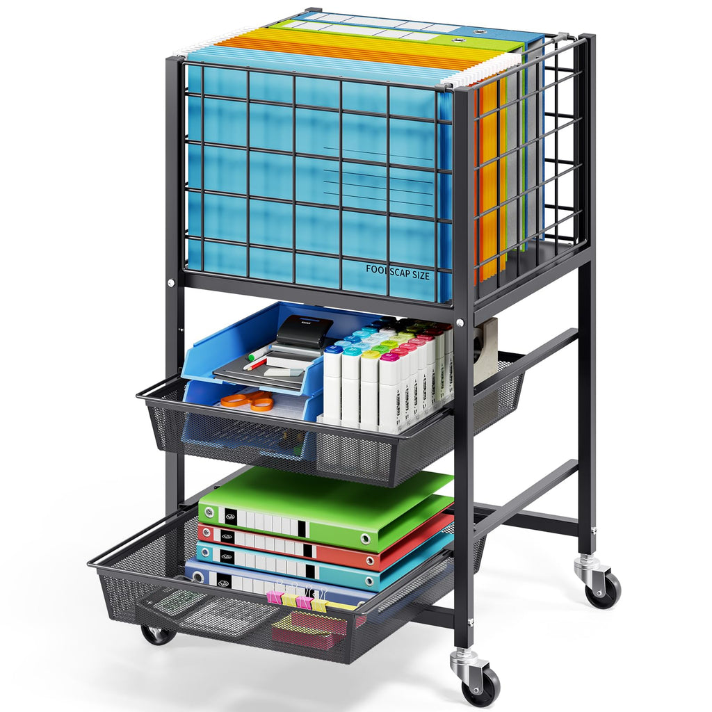 3-Tier Metal Rolling File Cart with 2 Sliding Trays Black E602036