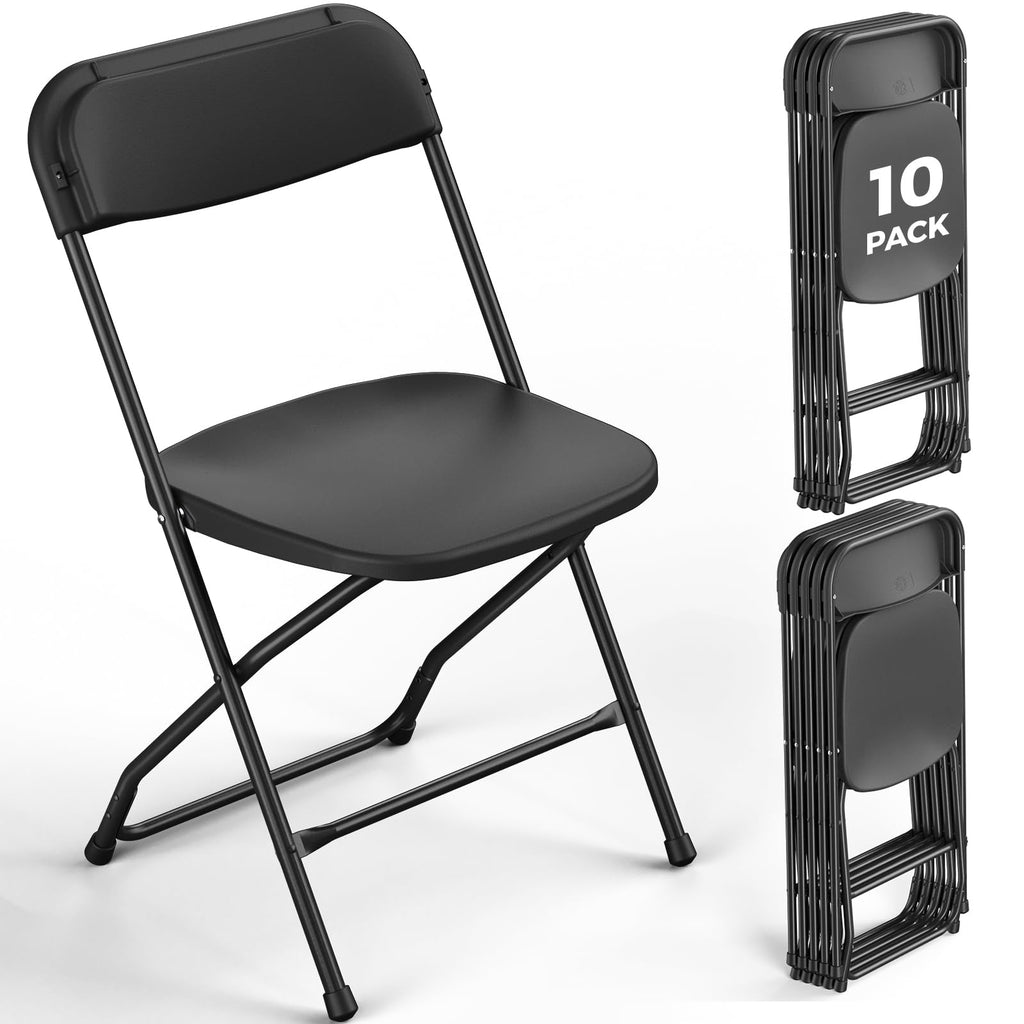 Black Plastic Folding Chairs, 10 Pack Steel Frame 350lbs Capacity O143370