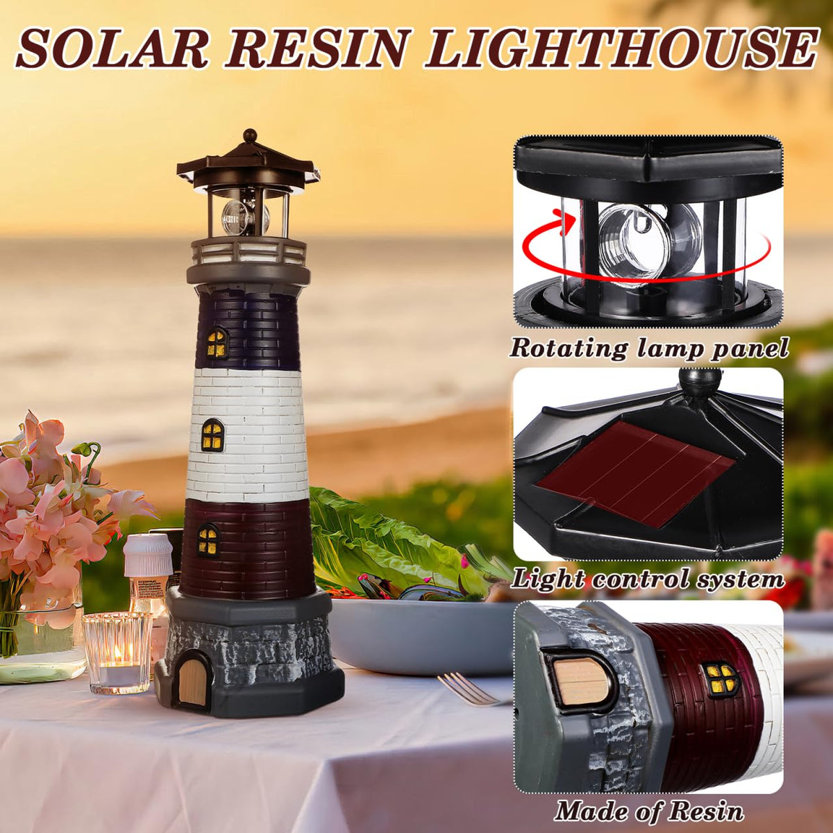 Solar Lighthouse Statue, Resin Waterproof, Black, 4.72 X 4.72 X 14.76 Inches T6602