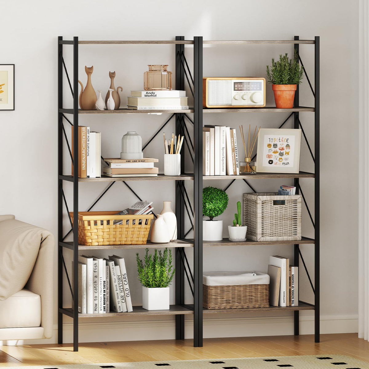 5-Tier Industrial Bookshelf with Open Storage Shelves V8387