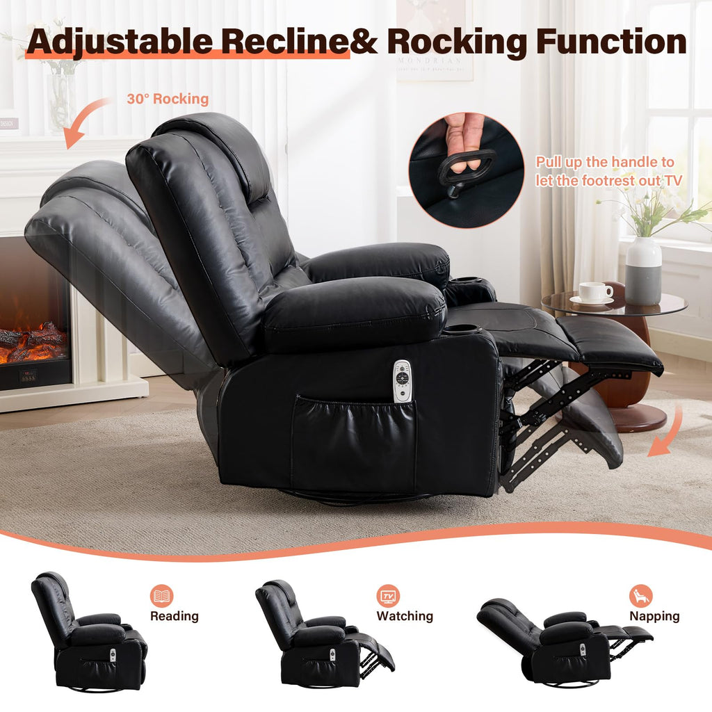 Massage Swivel Recliner Chair with Heat and Cup Holders O58701