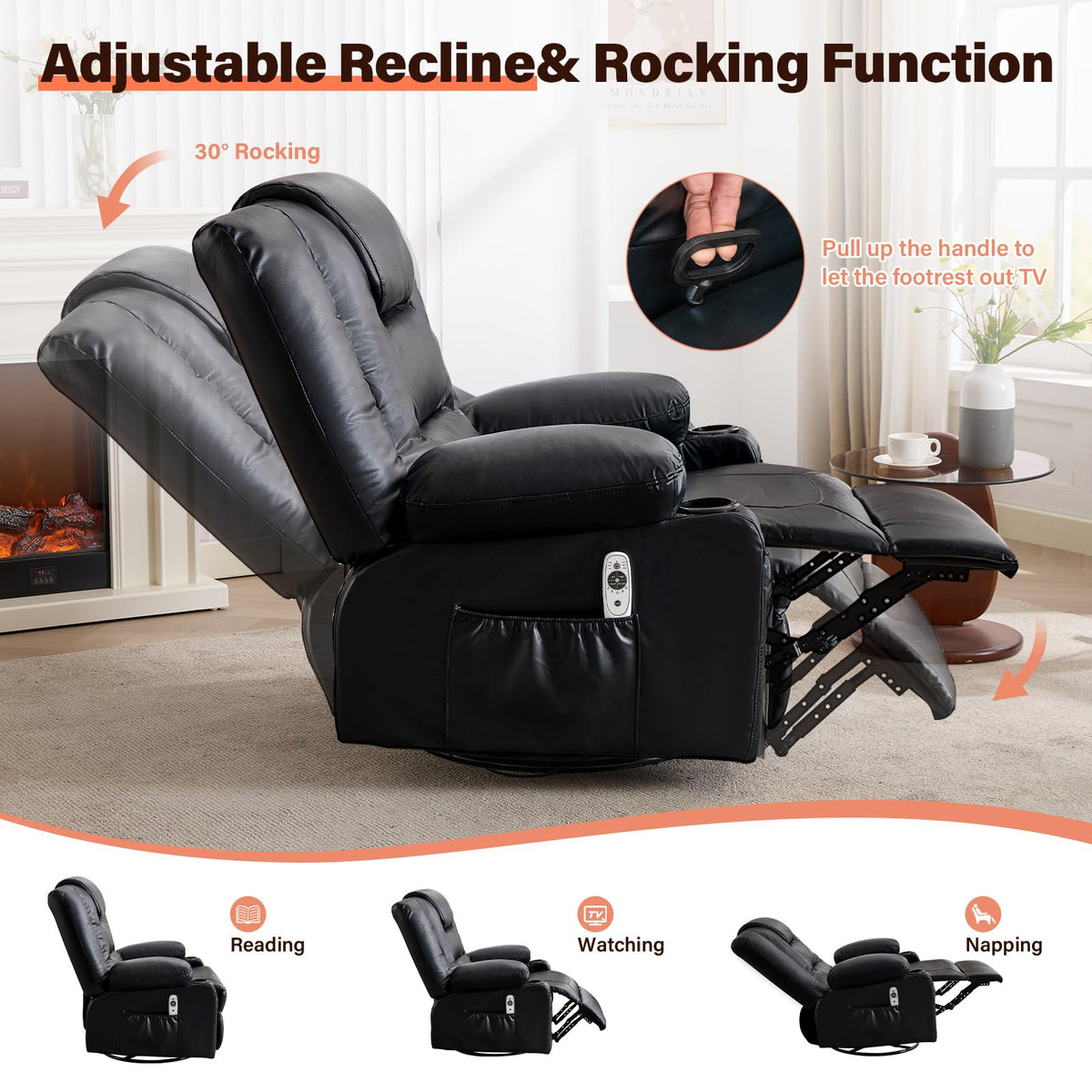 Massage Swivel Recliner Chair with Heat and Cup Holders O58701