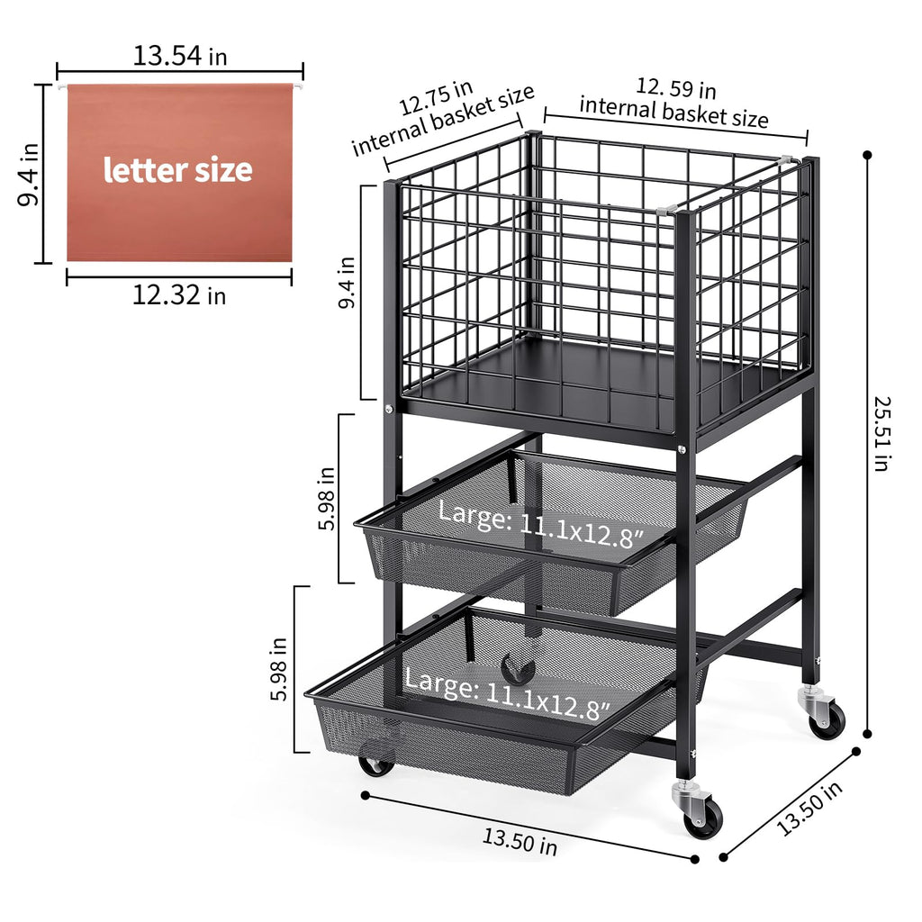 3-Tier Metal Rolling File Cart with 2 Sliding Trays Black E602036