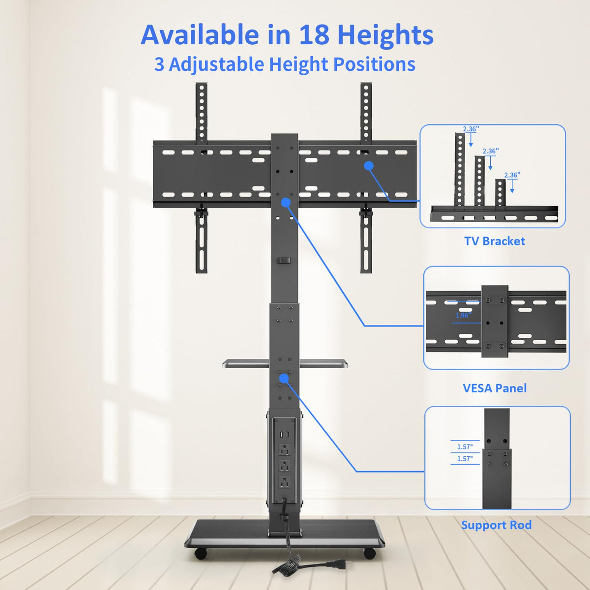 Height Adjustable Rolling TV Stand with Shelf Z88413