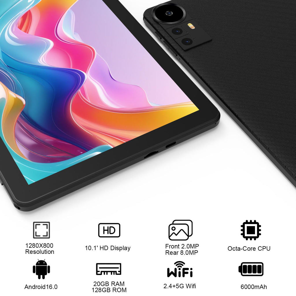 Android 16 Tablet 10 Inch 20GB RAM 128GB ROM Black P909