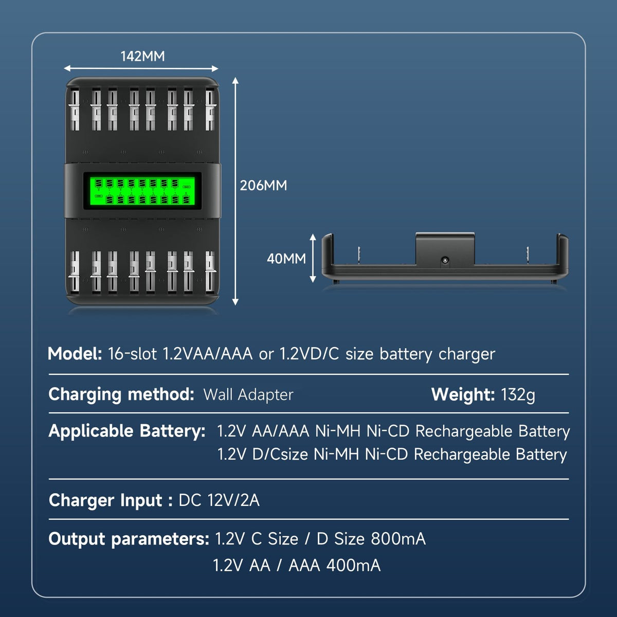 16 Bay Rechargeable Battery Charger with LCD Display Y840