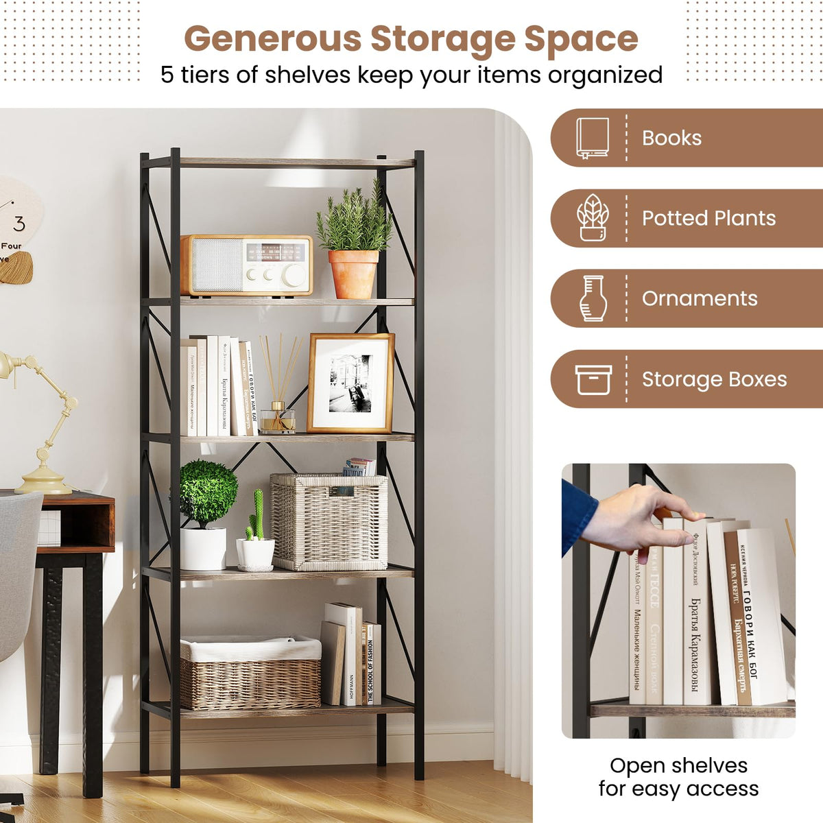 5-Tier Industrial Bookshelf with Open Storage Shelves V8387