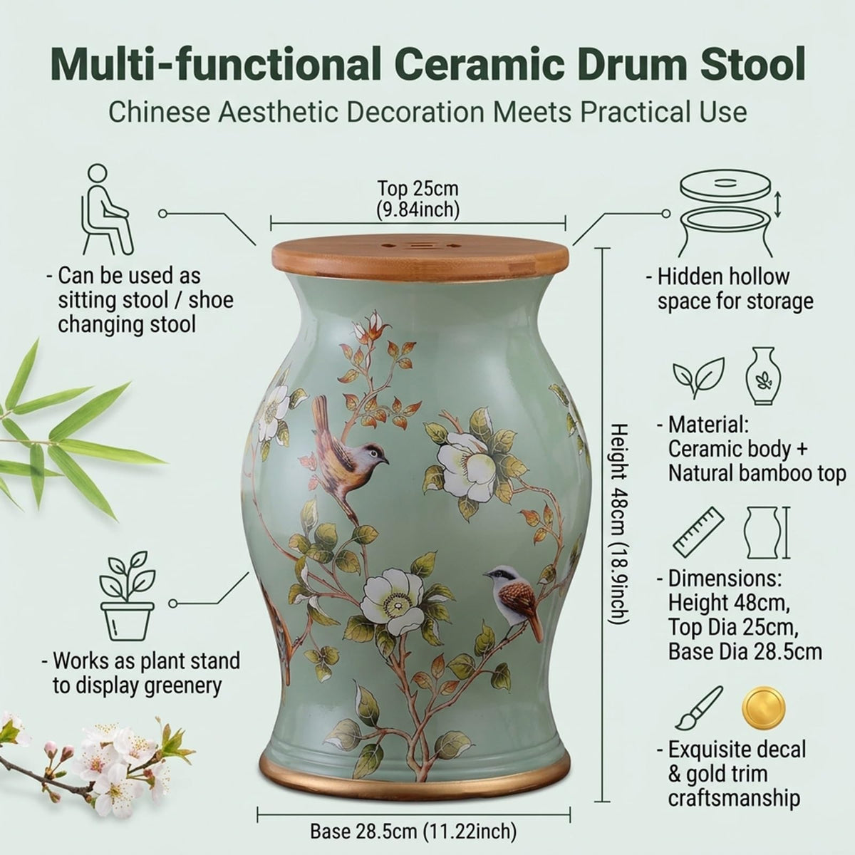 Ceramic Garden Stool Floral Bird Drum Accent Table Teal T7400