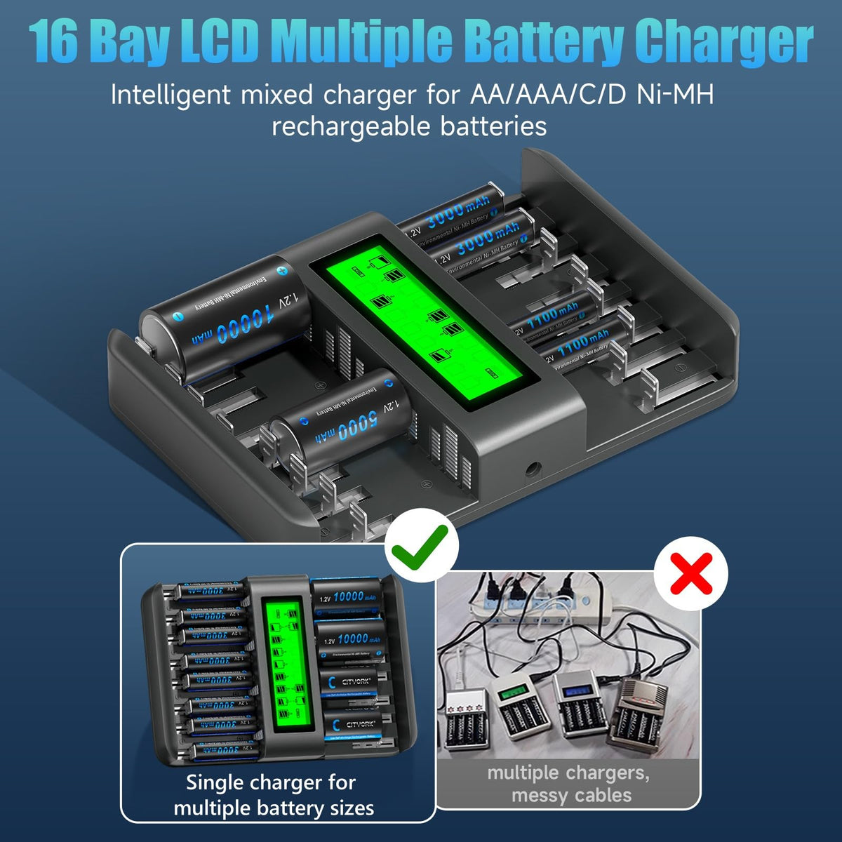 16 Bay Rechargeable Battery Charger with LCD Display Y840