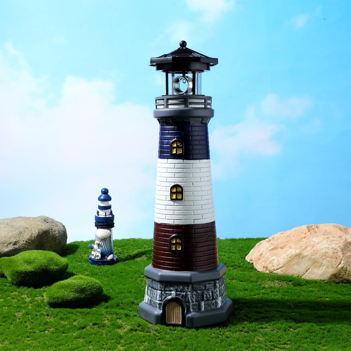 Solar Lighthouse Statue, Resin Waterproof, Black, 4.72 X 4.72 X 14.76 Inches T6602