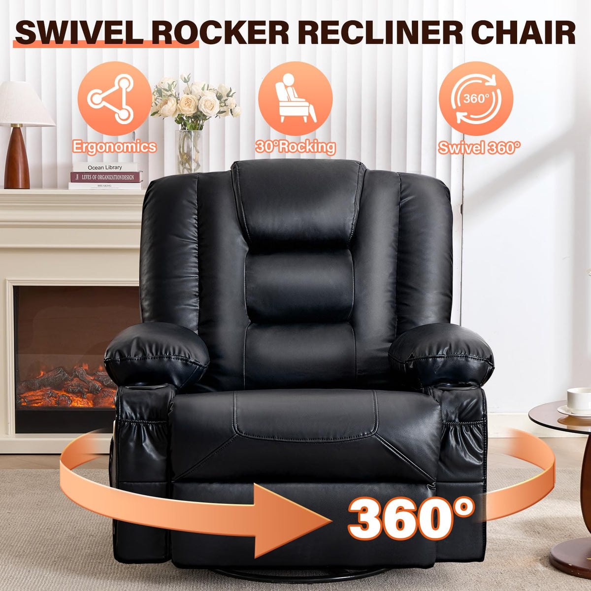 Massage Swivel Recliner Chair with Heat and Cup Holders O58701