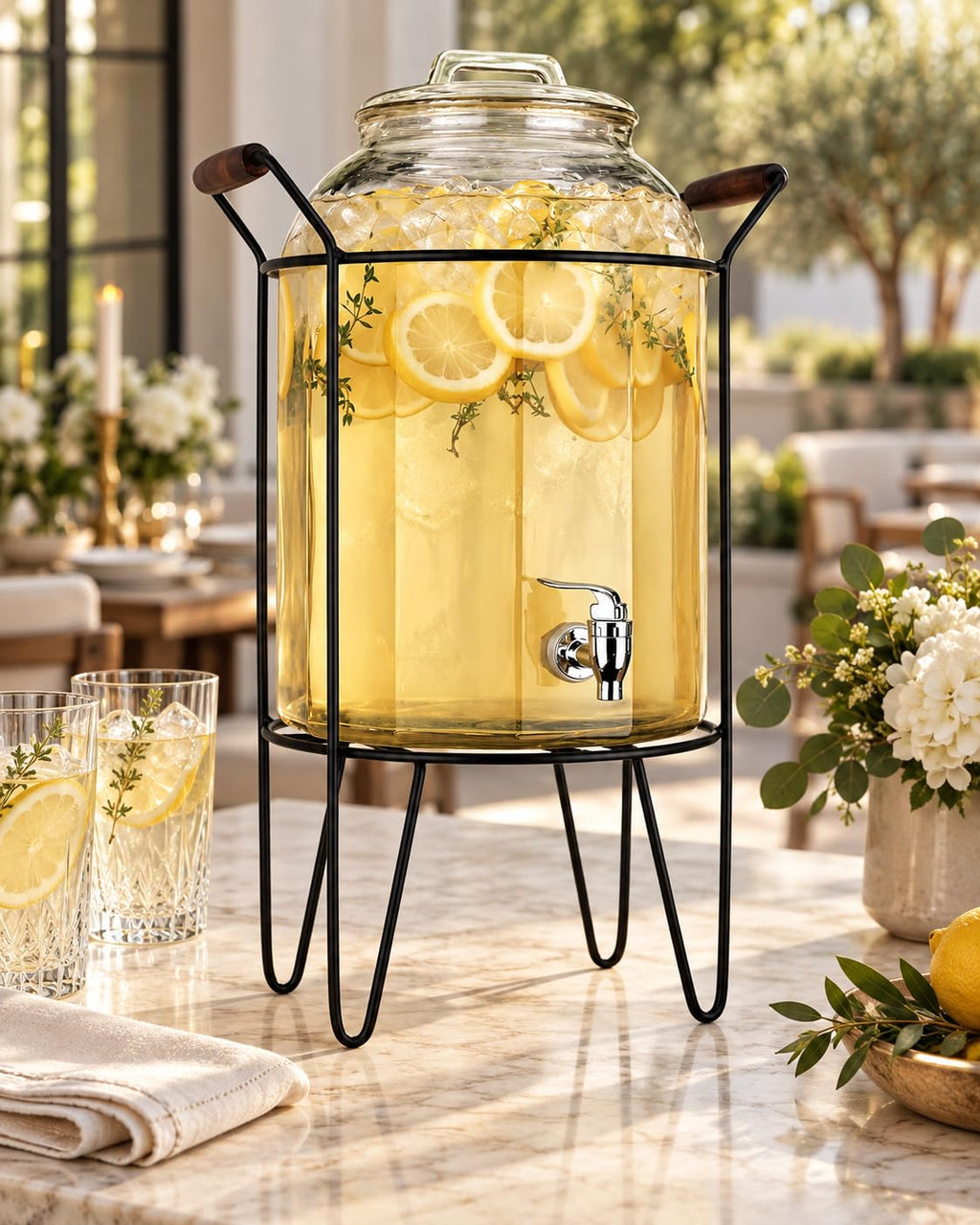 3 Gallon Glass Beverage Dispenser with Glass Lid and Metal Stand L49466