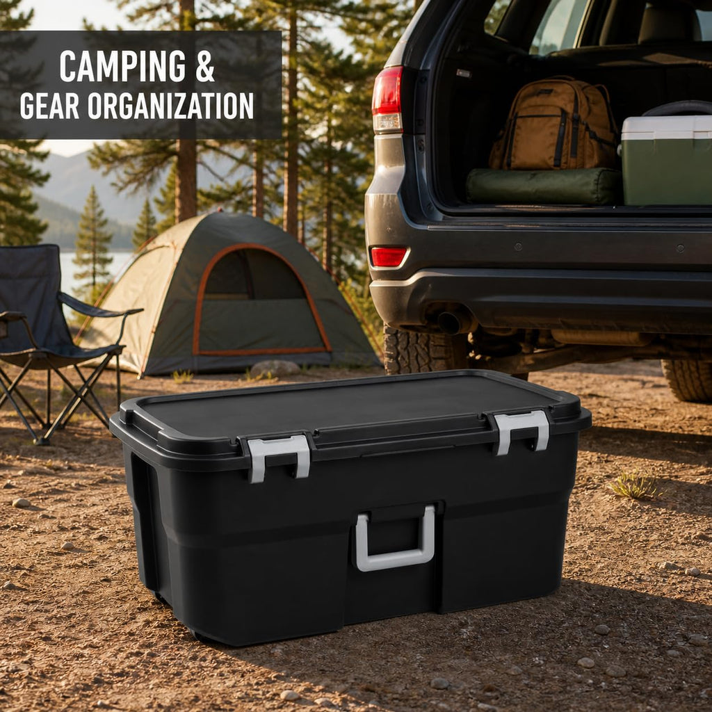 Rolling Storage Trunk with Wheels and Handle, 22 Gallon Black Bin C476