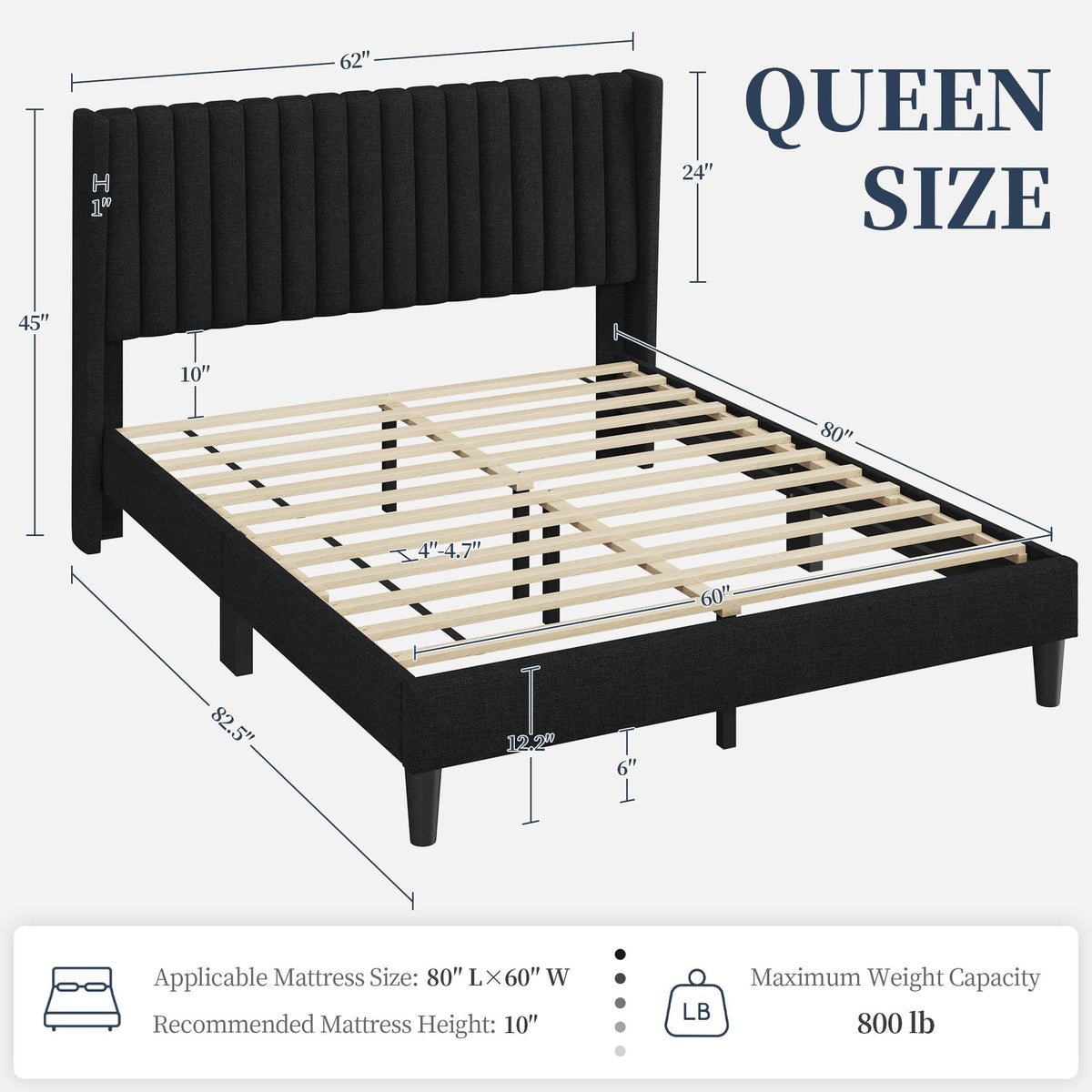 Black Queen Bed Frame with Headboard U2471