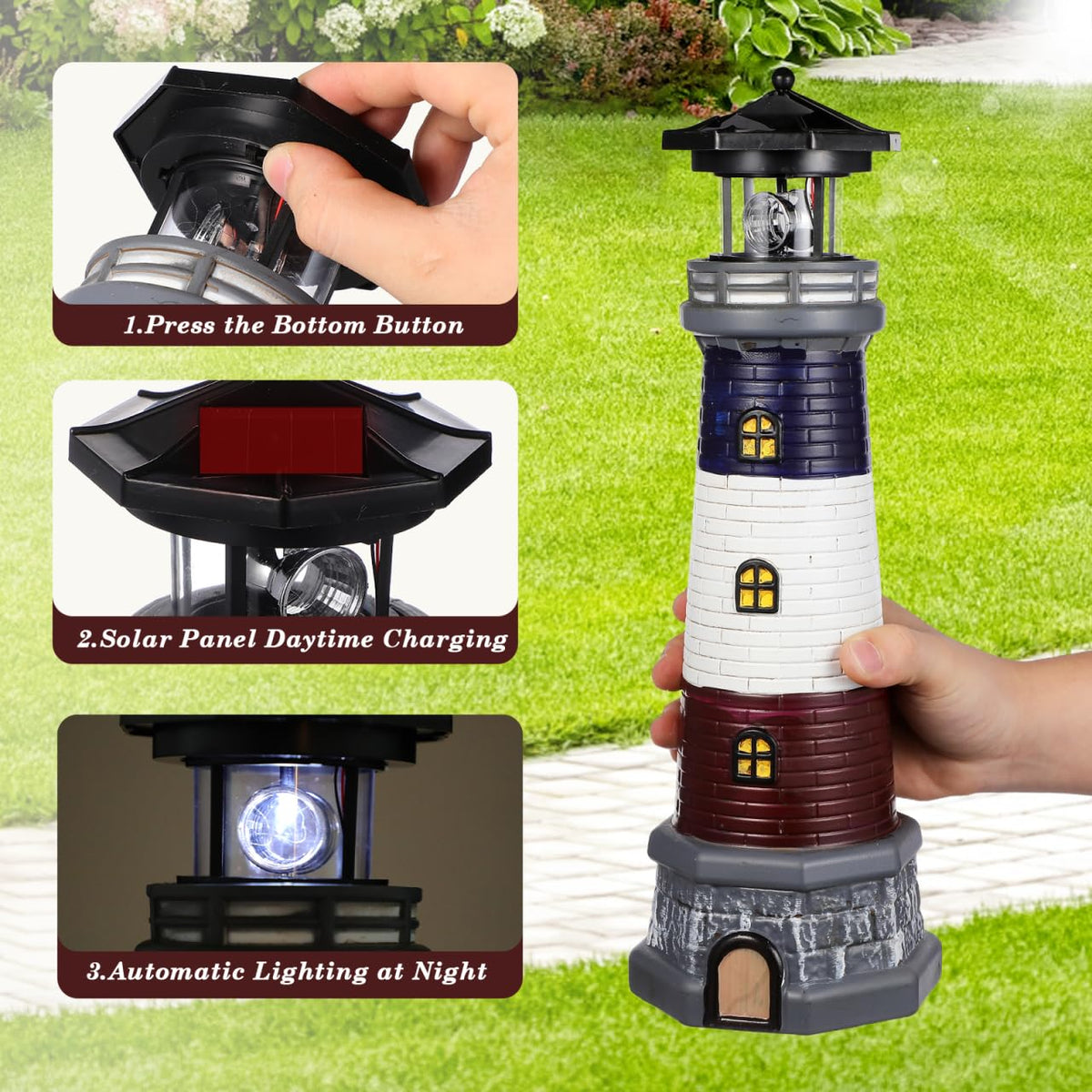 Solar Lighthouse Statue, Resin Waterproof, Black, 4.72 X 4.72 X 14.76 Inches T6602
