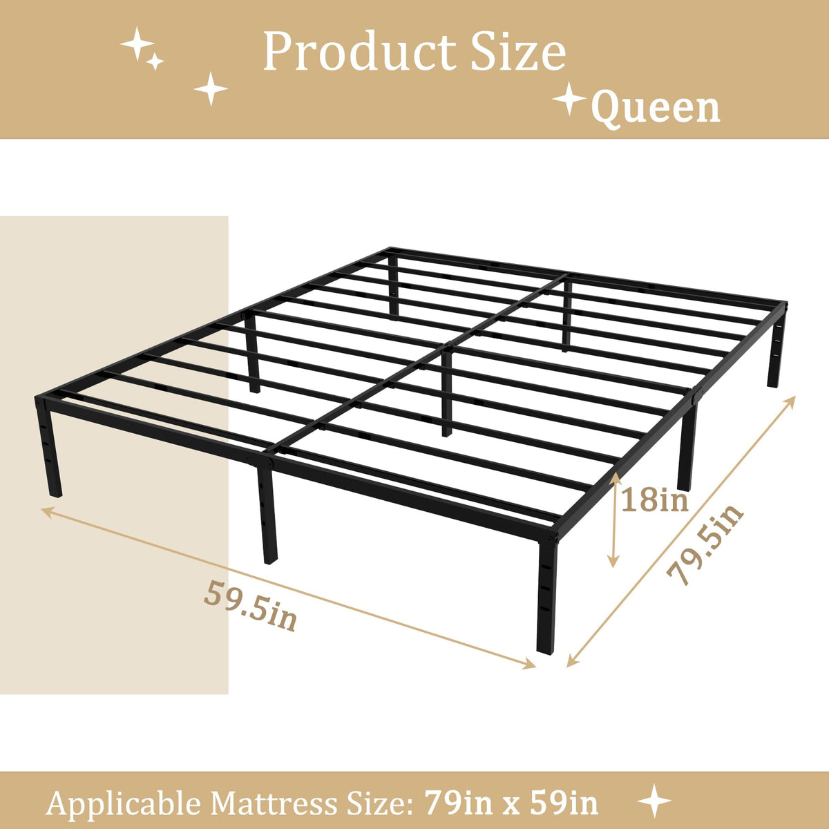 Queen 18 Inch Metal Platform Bed Frame, Black U289