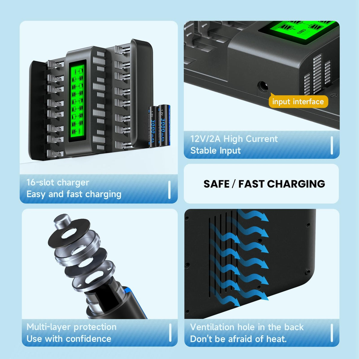 16 Bay Rechargeable Battery Charger with LCD Display Y840