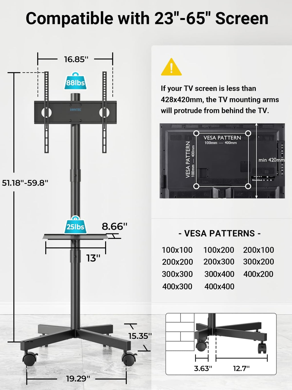 Black Rolling TV Stand for 23-65 Inch TVs K233532