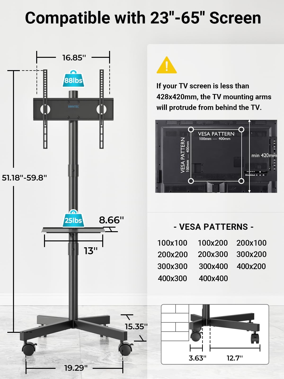 Black Rolling TV Stand for 23-65 Inch TVs K233532